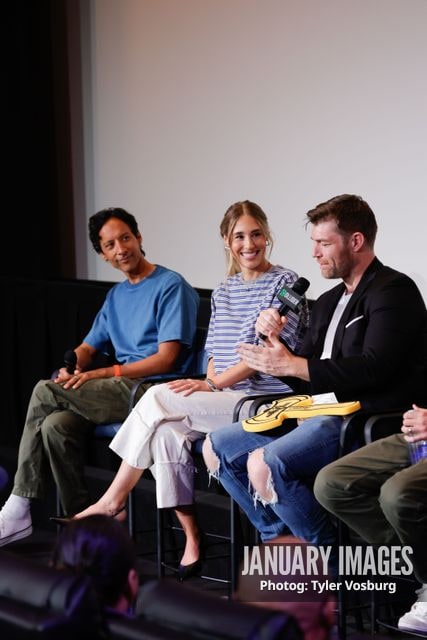 (L-R):  Danny Pudi, Lisa Gilroy, and Liam McIntyre attend the Golden Axe Screening Event on Tuesday, September 15, 2026 in Los Angeles. Photo Credit: Tyler Vosburg/JanuaryImages for Paramount+