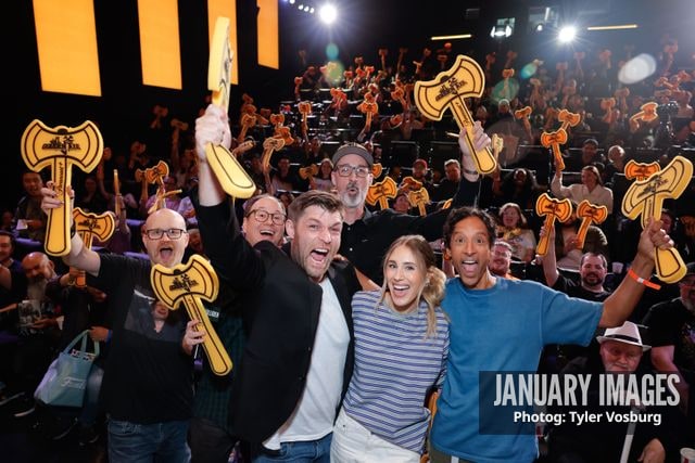 (L-R):  Steve Weintraub, Mike McMahan, Liam McIntyre, Joe Chandler, Lisa Gilroy, and Danny Pudi attend the Golden Axe Screening Event on Tuesday, September 15, 2026 in Los Angeles. Photo Credit: Tyler Vosburg/JanuaryImages for Paramount+