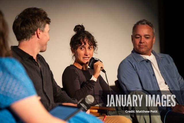 Max Lowe, Aisha McAdams and Evan Hayes speak during a panel discussion at the Learning to Fly Los Angeles Premiere at The Aero Theater on Saturday August 15th, 2026 in Los Angeles.