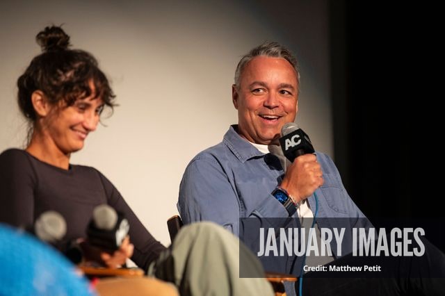 Aisha McAdams and Evan Hayes speak during a panel discussion at the Learning to Fly Los Angeles Premiere at The Aero Theater on Saturday August 15th, 2026 in Los Angeles.