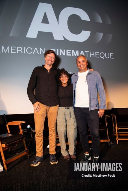 Max Lowe, Aisha McAdams and Evan Hayes pose on stage after the Learning to Fly Los Angeles Premiere at The Aero Theater on Saturday August 15th, 2026 in Los Angeles.