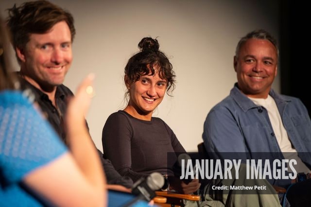Max Lowe, Aisha McAdams and Evan Hayes speak during a panel discussion at the Learning to Fly Los Angeles Premiere at The Aero Theater on Saturday August 15th, 2026 in Los Angeles.