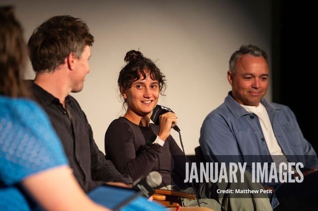 Max Lowe, Aisha McAdams and Evan Hayes speak during a panel discussion at the Learning to Fly Los Angeles Premiere at The Aero Theater on Saturday August 15th, 2026 in Los Angeles.