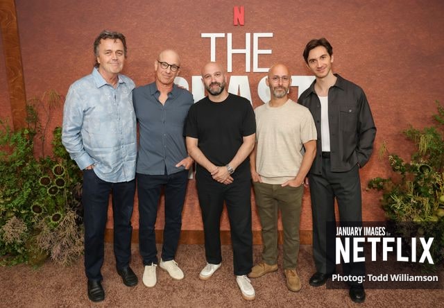 Sean Callery, Howard Gordon, Antonio Campos, Gabe Rotter and Daniel Pearl attend Netflix's The Beast In Me ATAS Event on June 06, 2026 at the Netflix Tudum Theater in Los Angeles.