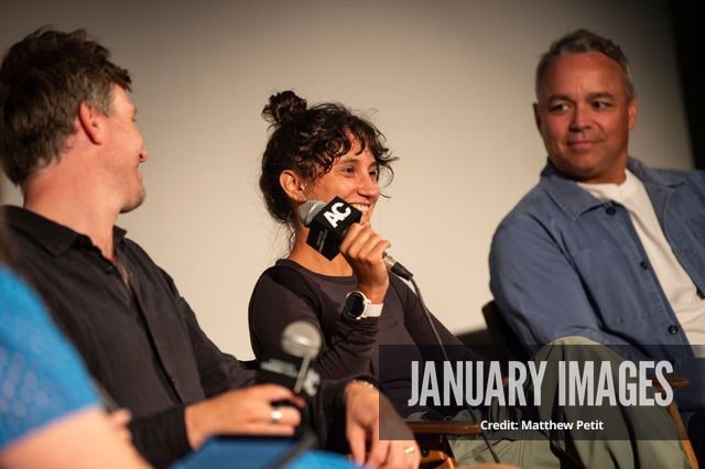 Max Lowe, Aisha McAdams and Evan Hayes speak during a panel discussion at the Learning to Fly Los Angeles Premiere at The Aero Theater on Saturday August 15th, 2026 in Los Angeles.