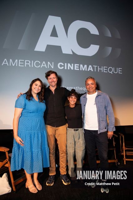 Katcy Stephan, Max Lowe, Aisha McAdams and Evan Hayes pose on stage after the Learning to Fly Los Angeles Premiere at The Aero Theater on Saturday August 15th, 2026 in Los Angeles.