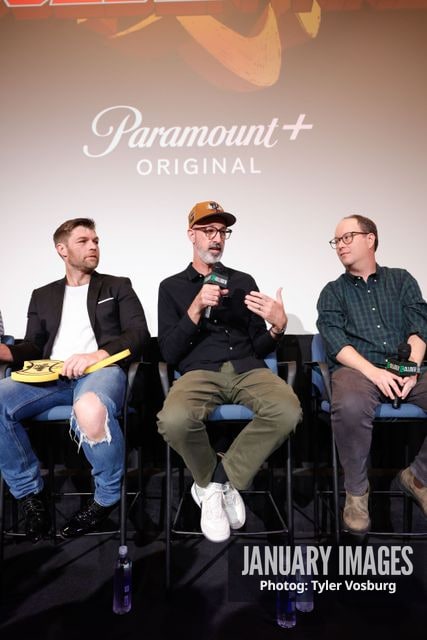 (L-R):  Liam McIntyre, Joe Chandler, and Mike McMahan attend the Golden Axe Screening Event on Tuesday, September 15, 2026 in Los Angeles. Photo Credit: Tyler Vosburg/JanuaryImages for Paramount+