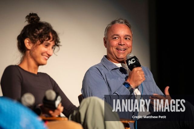 Aisha McAdams and Evan Hayes speak during a panel discussion at the Learning to Fly Los Angeles Premiere at The Aero Theater on Saturday August 15th, 2026 in Los Angeles.