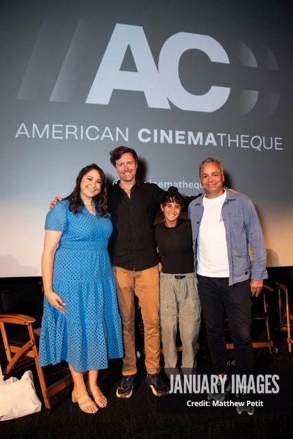 Katcy Stephan, Max Lowe, Aisha McAdams and Evan Hayes pose on stage after the Learning to Fly Los Angeles Premiere at The Aero Theater on Saturday August 15th, 2026 in Los Angeles.