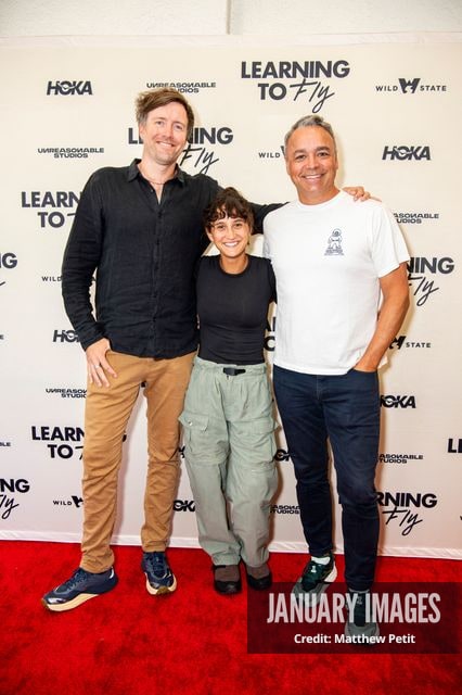 Max Lowe, Aisha McAdams and Evan Hayes attend the Learning to Fly Los Angeles Premiere at The Aero Theater on Saturday August 15th, 2026 in Los Angeles.