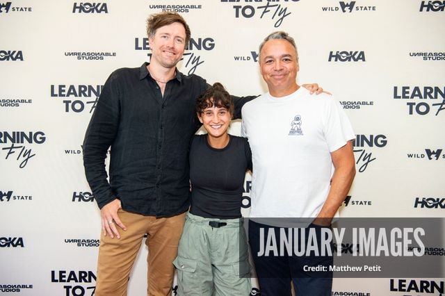 Max Lowe, Aisha McAdams and Evan Hayes attend the Learning to Fly Los Angeles Premiere at The Aero Theater on Saturday August 15th, 2026 in Los Angeles.
