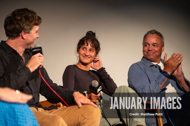Max Lowe, Aisha McAdams and Evan Hayes speak during a panel discussion at the Learning to Fly Los Angeles Premiere at The Aero Theater on Saturday August 15th, 2026 in Los Angeles.