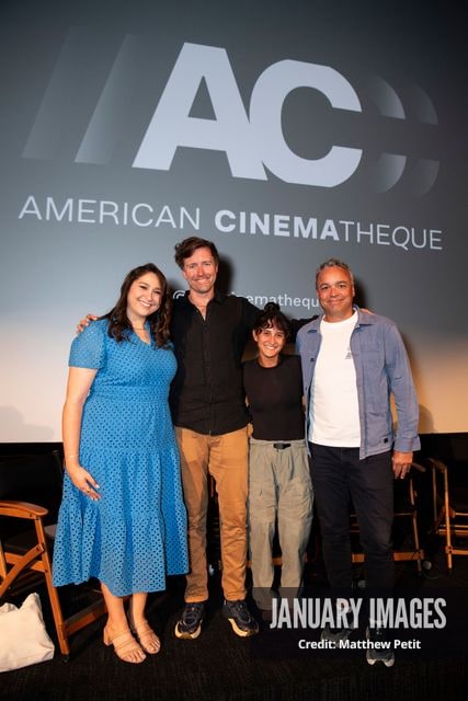 Katcy Stephan, Max Lowe, Aisha McAdams and Evan Hayes pose on stage after the Learning to Fly Los Angeles Premiere at The Aero Theater on Saturday August 15th, 2026 in Los Angeles.