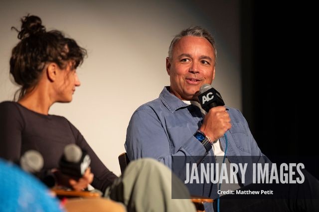 Aisha McAdams and Evan Hayes speak during a panel discussion at the Learning to Fly Los Angeles Premiere at The Aero Theater on Saturday August 15th, 2026 in Los Angeles.