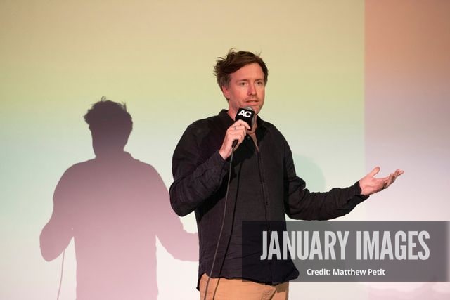 Max Lowe speaks before the screening of the Learning to Fly Los Angeles Premiere at The Aero Theater on Saturday August 15th, 2026 in Los Angeles.
