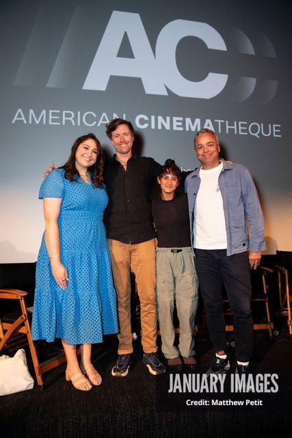 Katcy Stephan, Max Lowe, Aisha McAdams and Evan Hayes pose on stage after the Learning to Fly Los Angeles Premiere at The Aero Theater on Saturday August 15th, 2026 in Los Angeles.