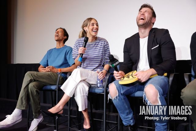 (L-R):  Danny Pudi, Lisa Gilroy, and Liam McIntyre attend the Golden Axe Screening Event on Tuesday, September 15, 2026 in Los Angeles. Photo Credit: Tyler Vosburg/JanuaryImages for Paramount+