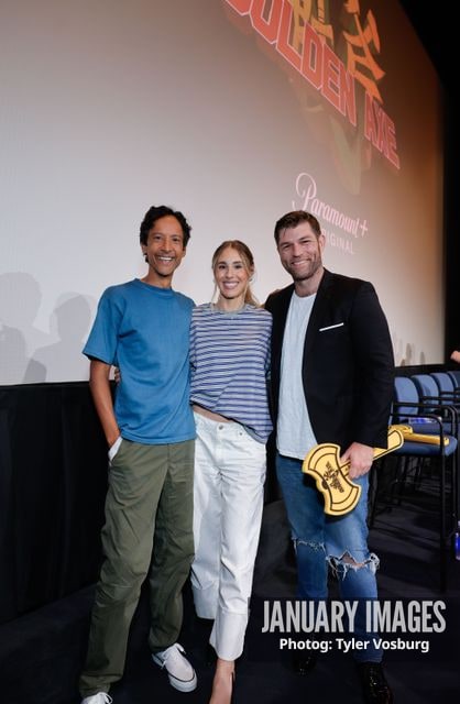 (L-R):  Danny Pudi, Lisa Gilroy, and Liam McIntyre attend the Golden Axe Screening Event on Tuesday, September 15, 2026 in Los Angeles. Photo Credit: Tyler Vosburg/JanuaryImages for Paramount+