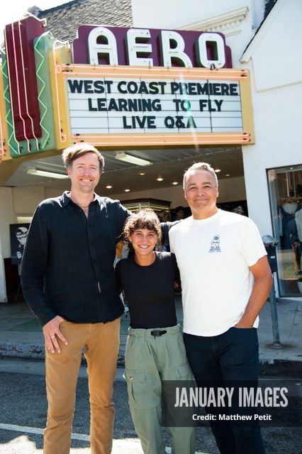 Max Lowe, Aisha McAdams and Evan Hayes attend the Learning to Fly Los Angeles Premiere at The Aero Theater on Saturday August 15th, 2026 in Los Angeles.