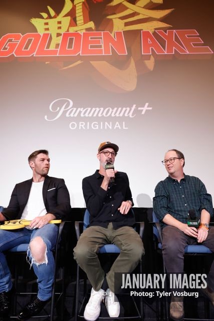 (L-R):  Liam McIntyre, Joe Chandler, and Mike McMahan attend the Golden Axe Screening Event on Tuesday, September 15, 2026 in Los Angeles. Photo Credit: Tyler Vosburg/JanuaryImages for Paramount+