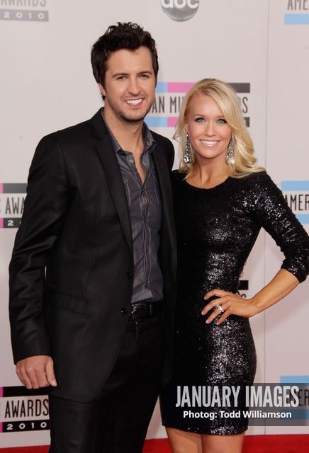 LOS ANGELES, CA - NOVEMBER 21:  Musician Luke Bryan and wife arrive at the 2010 American Music Awards held at Nokia Theatre L.A. Live on November 21, 2010 in Los Angeles, California.  (Photo by Todd Williamson/JanuaryImages)