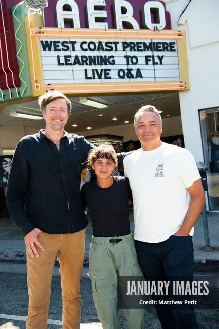 Max Lowe, Aisha McAdams and Evan Hayes attend the Learning to Fly Los Angeles Premiere at The Aero Theater on Saturday August 15th, 2026 in Los Angeles.
