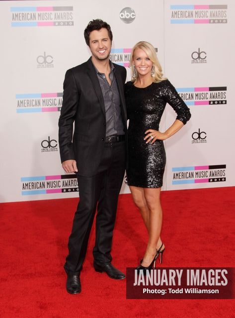 LOS ANGELES, CA - NOVEMBER 21:  Musician Luke Bryan and wife arrive at the 2010 American Music Awards held at Nokia Theatre L.A. Live on November 21, 2010 in Los Angeles, California.  (Photo by Todd Williamson/JanuaryImages)