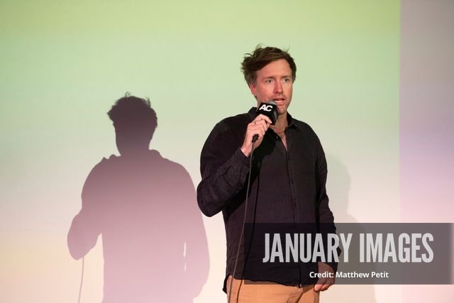 Max Lowe speaks before the screening of the Learning to Fly Los Angeles Premiere at The Aero Theater on Saturday August 15th, 2026 in Los Angeles.