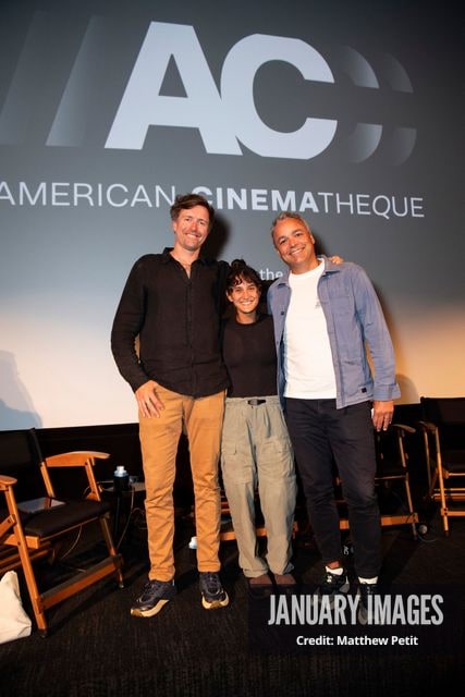 Max Lowe, Aisha McAdams and Evan Hayes pose on stage after the Learning to Fly Los Angeles Premiere at The Aero Theater on Saturday August 15th, 2026 in Los Angeles.