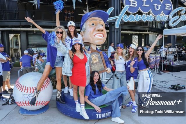 (L-R): Trish Mears, Melanie Dunmar, Rylee Baldri, Heather Feldhacker, Erin Wolczik, Trina Taylor and Nina Scoffone attend the Paramount+ unscripted series Team Moms: Baseball on Saturday, October 3, 2026 in Los Angeles. Photo Credit: Todd Williamson/JanuaryImages for Paramount+