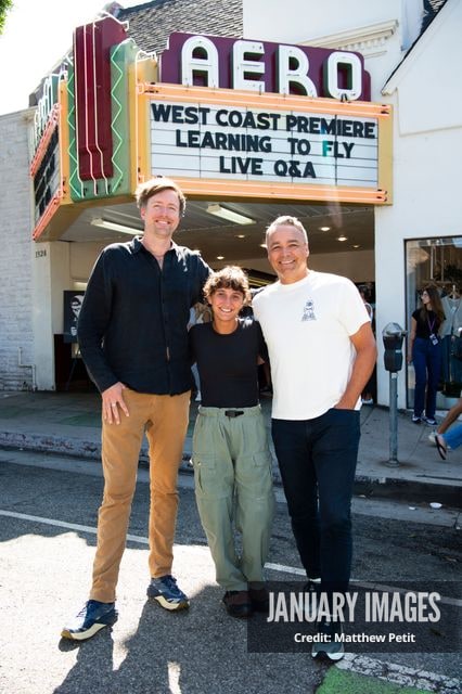 Max Lowe, Aisha McAdams and Evan Hayes attend the Learning to Fly Los Angeles Premiere at The Aero Theater on Saturday August 15th, 2026 in Los Angeles.