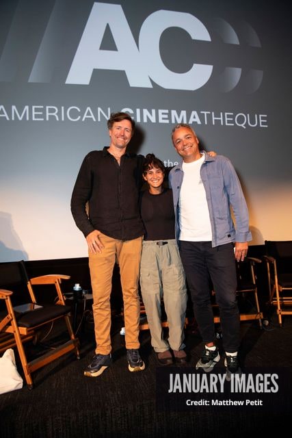 Max Lowe, Aisha McAdams and Evan Hayes pose on stage after the Learning to Fly Los Angeles Premiere at The Aero Theater on Saturday August 15th, 2026 in Los Angeles.